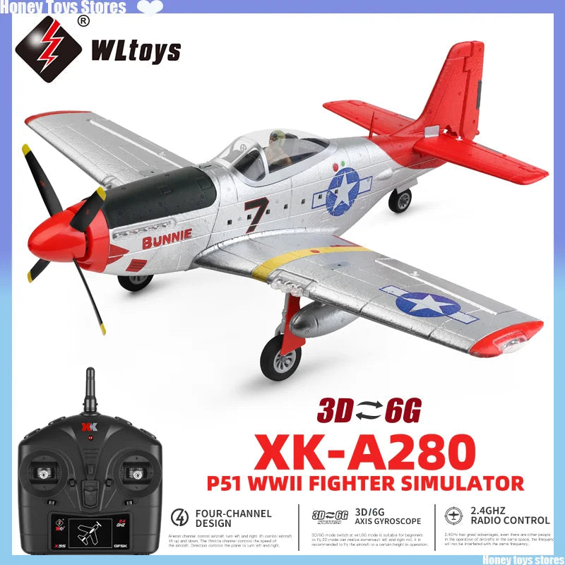 A280 RC Plane 2.4G 4CH 3D6G Mode Aircraft P51 Fighter Simulator with LED Searchlight RC Airplane Toys for Children