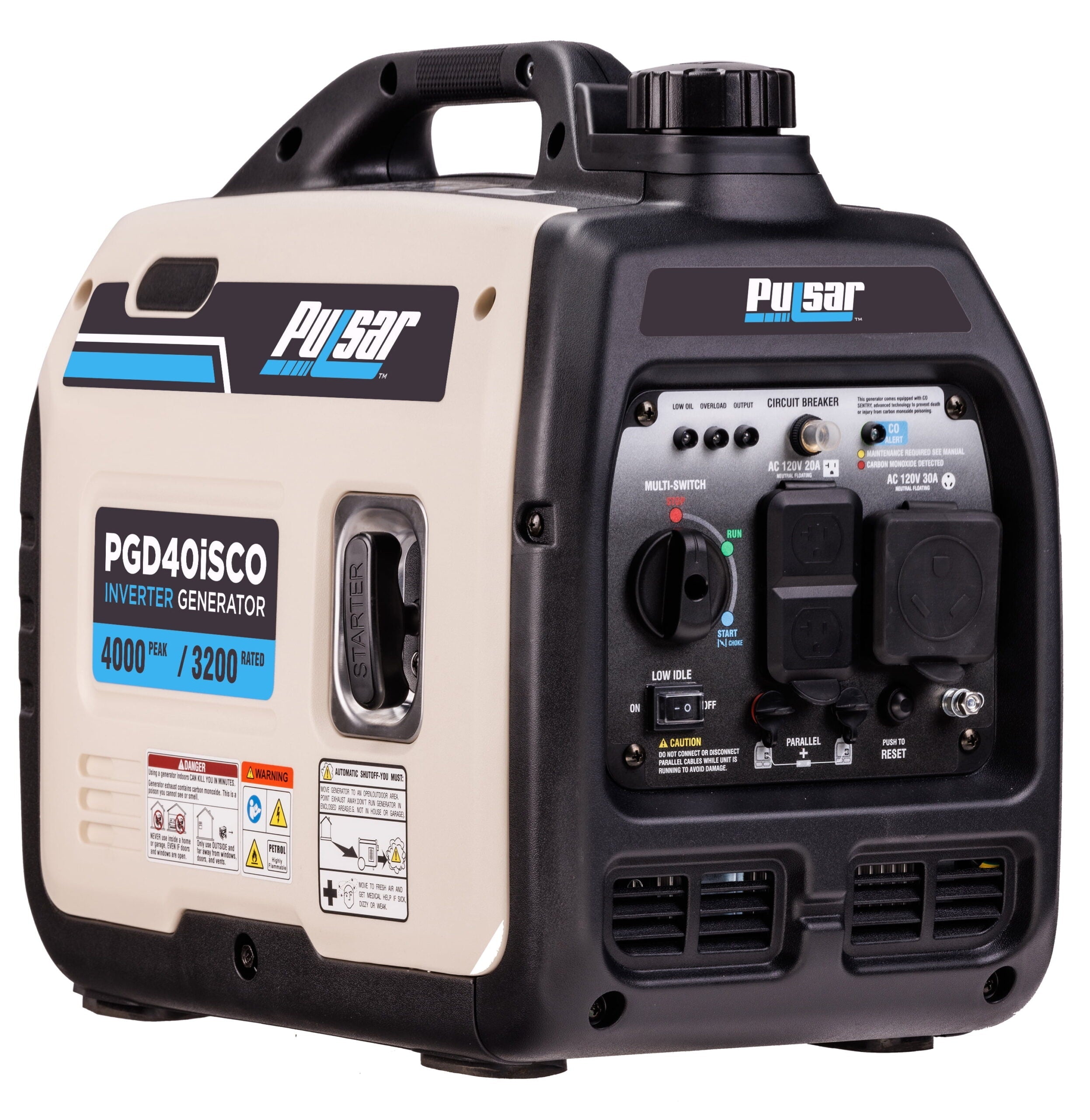 Pulsar 4000W Super Quiet Inverter Generator with CO Sentry, Portable, Safe for Electronics