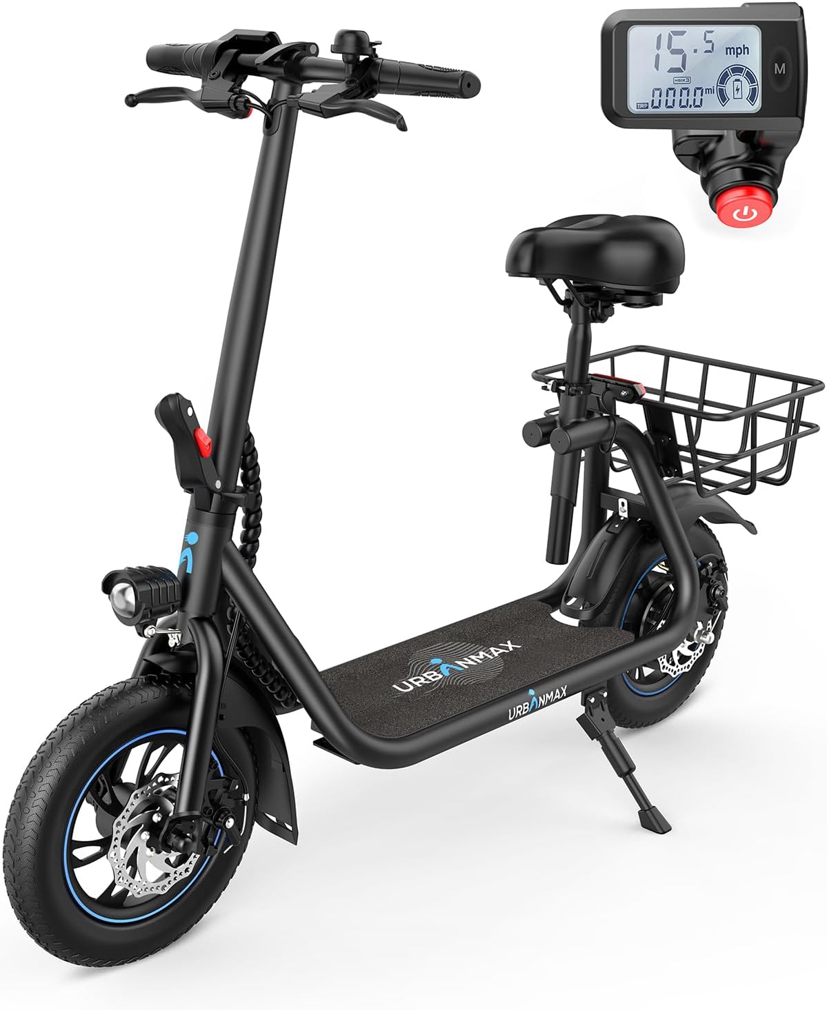 URBANMAX C1 Electric Scooter with Seat, 450W Motor, 22 Miles Range, Foldable, Dual Braking, Black
